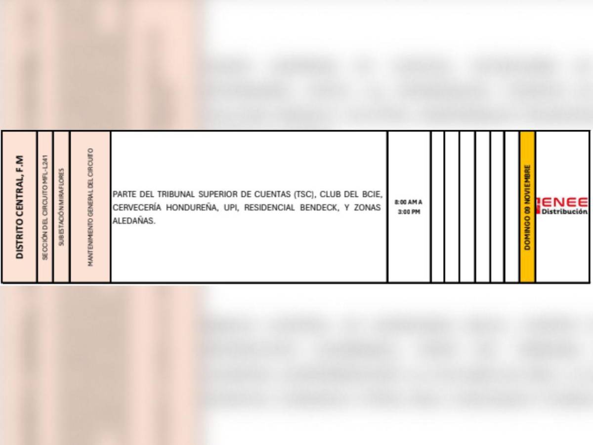 Esta zona de Honduras no tendrá luz este domingo 9 de noviembre