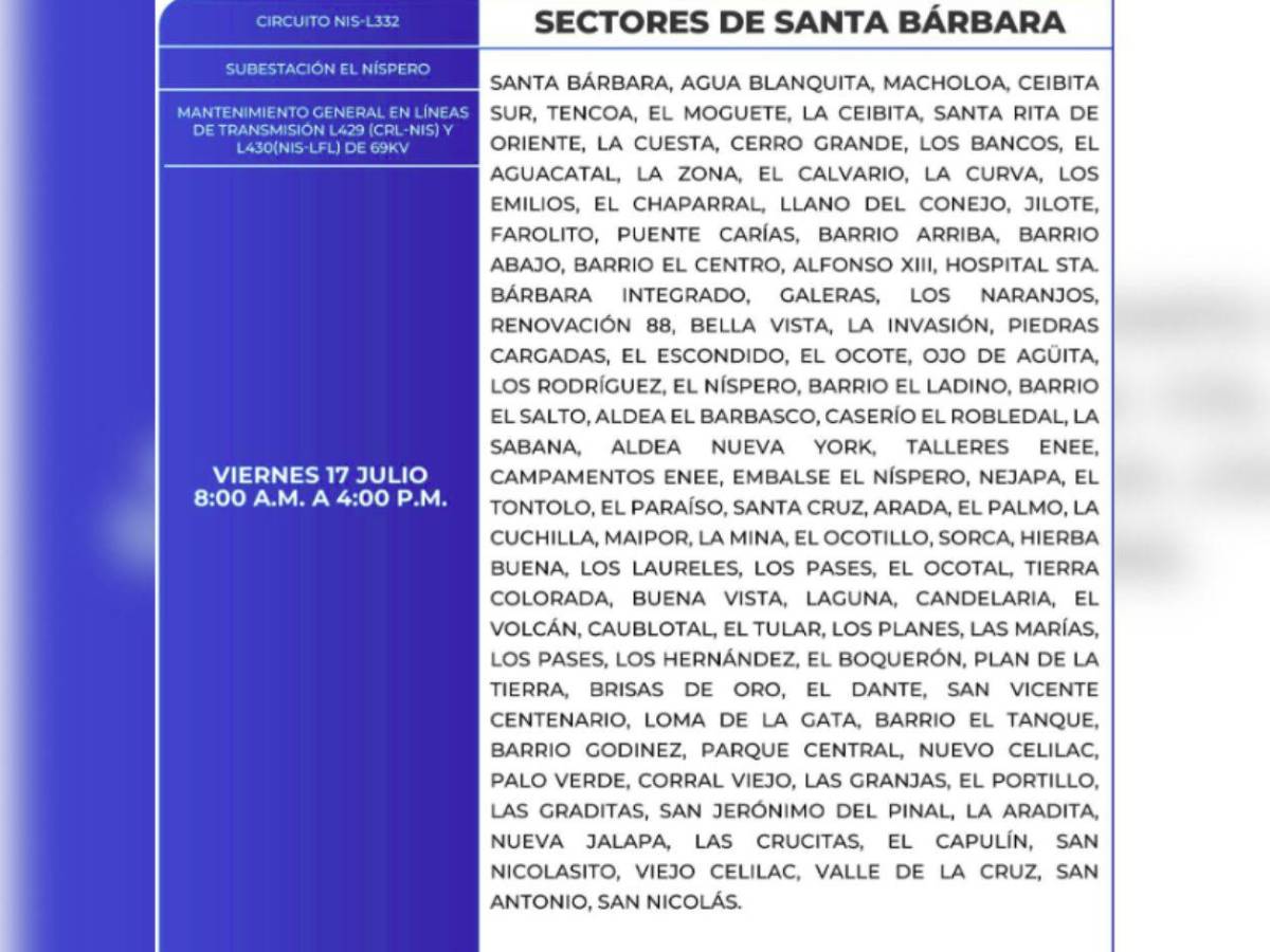 Amplios cortes de energía en estas zonas de Honduras este viernes 17 de julio
