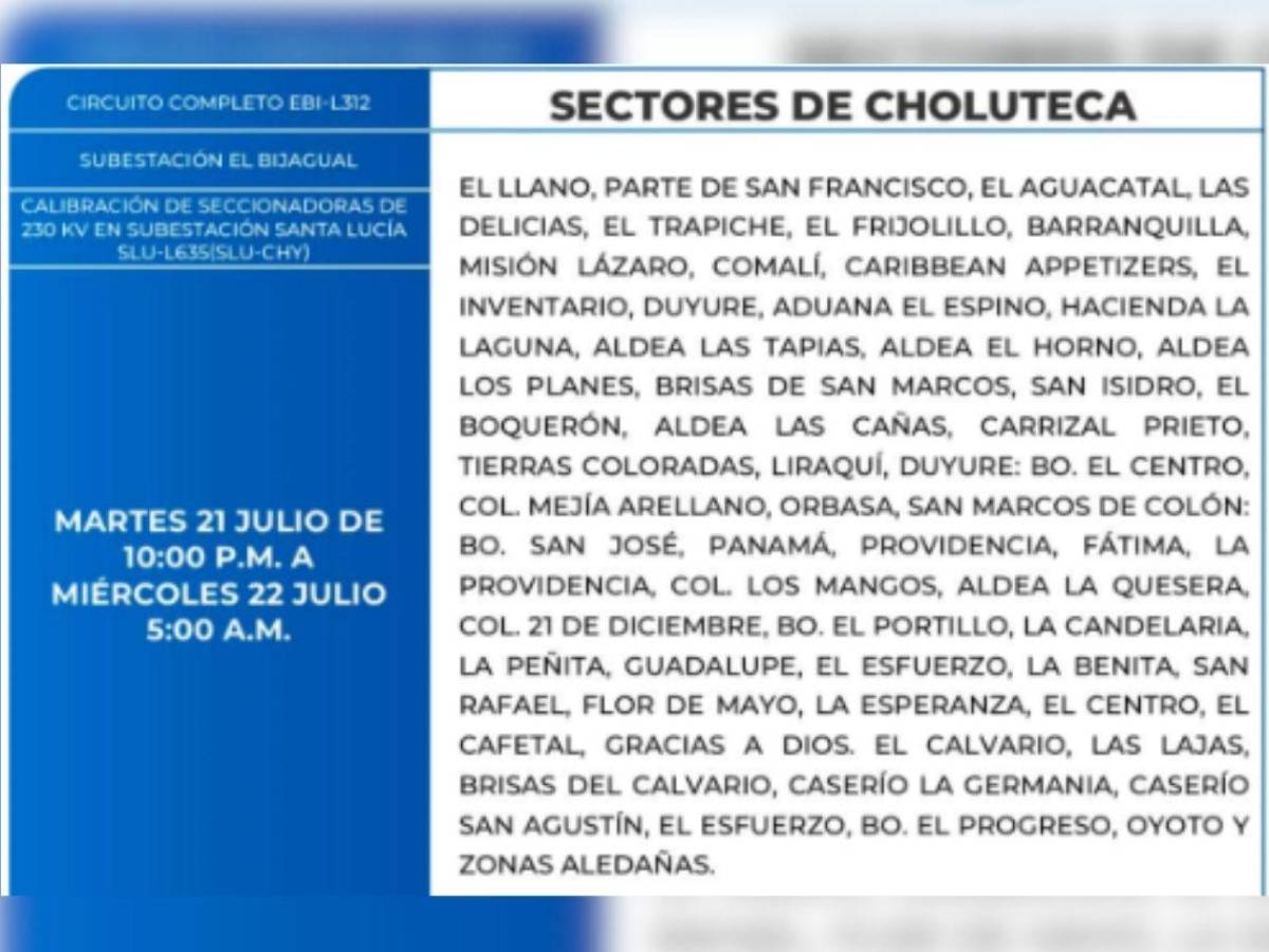 Dormirán sin luz en más de 50 zonas de Honduras este martes 21 de julio