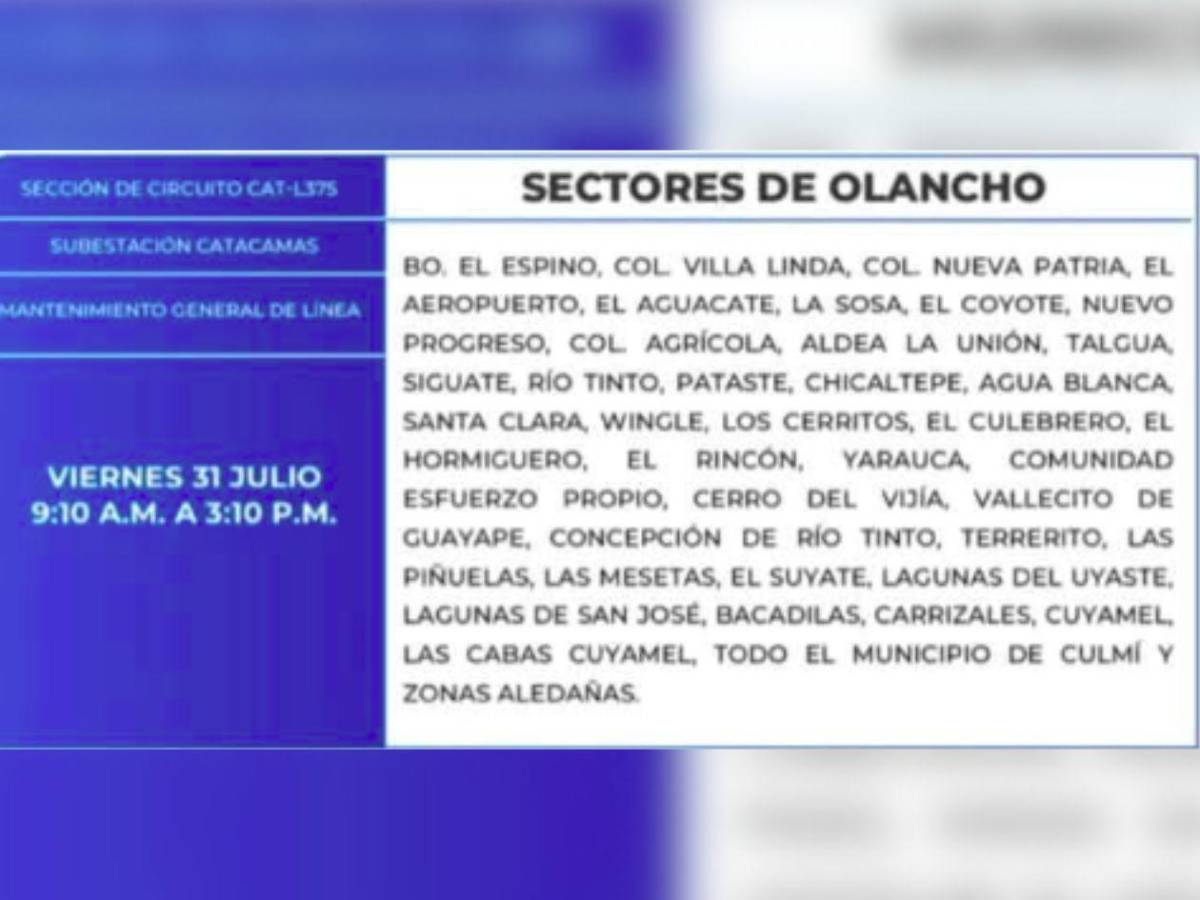 Estas zonas de Honduras no tendrán energía este viernes 31 de julio