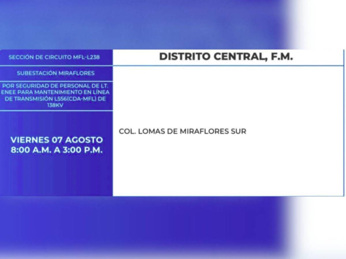 Estas zonas de Tegucigalpa y SPS no tendrán energía este viernes 7 de julio