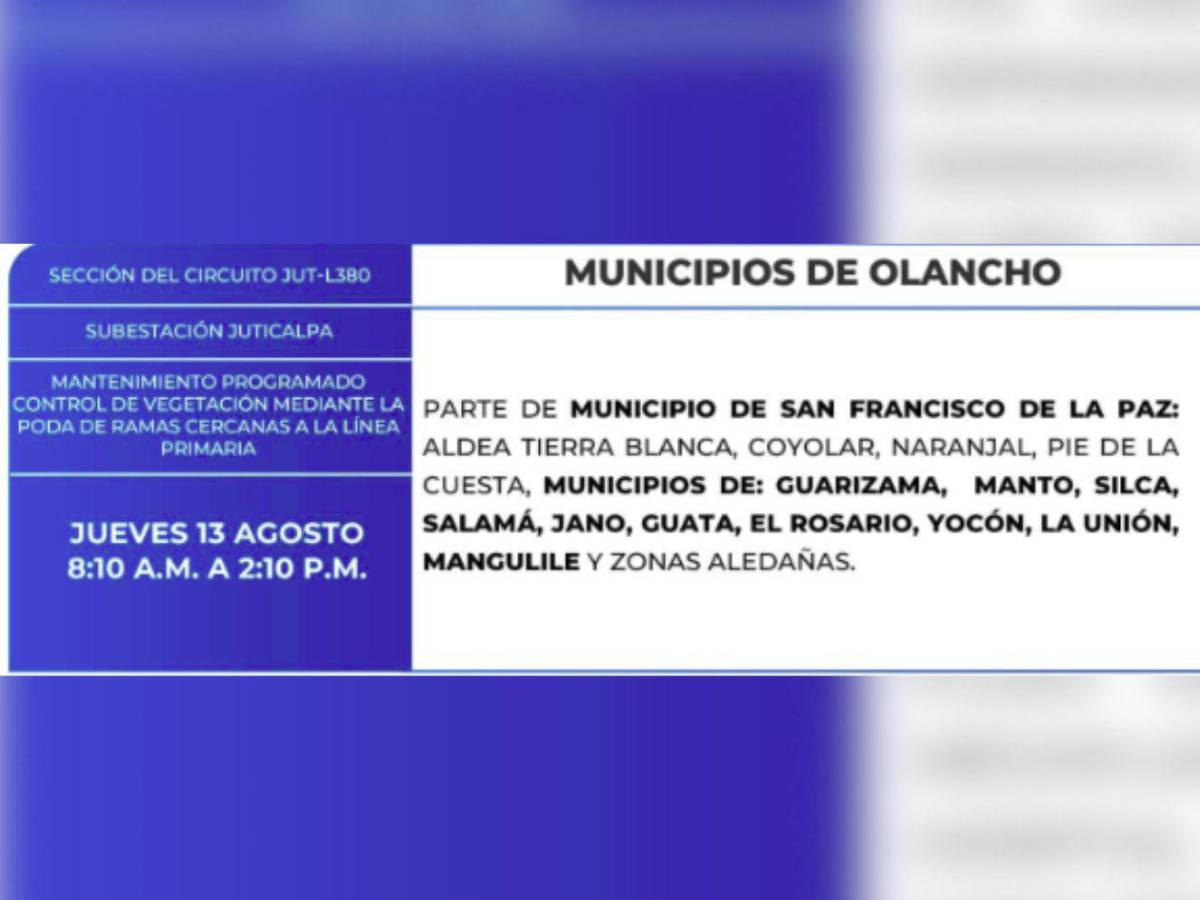Más de 100 zonas de Honduras no tendrán luz por ocho horas este jueves 13 de agosto