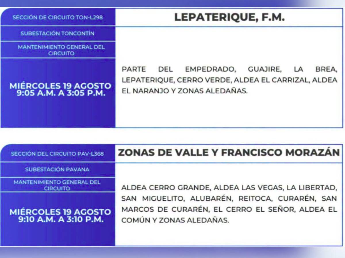 Estos barrios y colonias de Honduras no tendrán luz este miércoles 19 de agosto