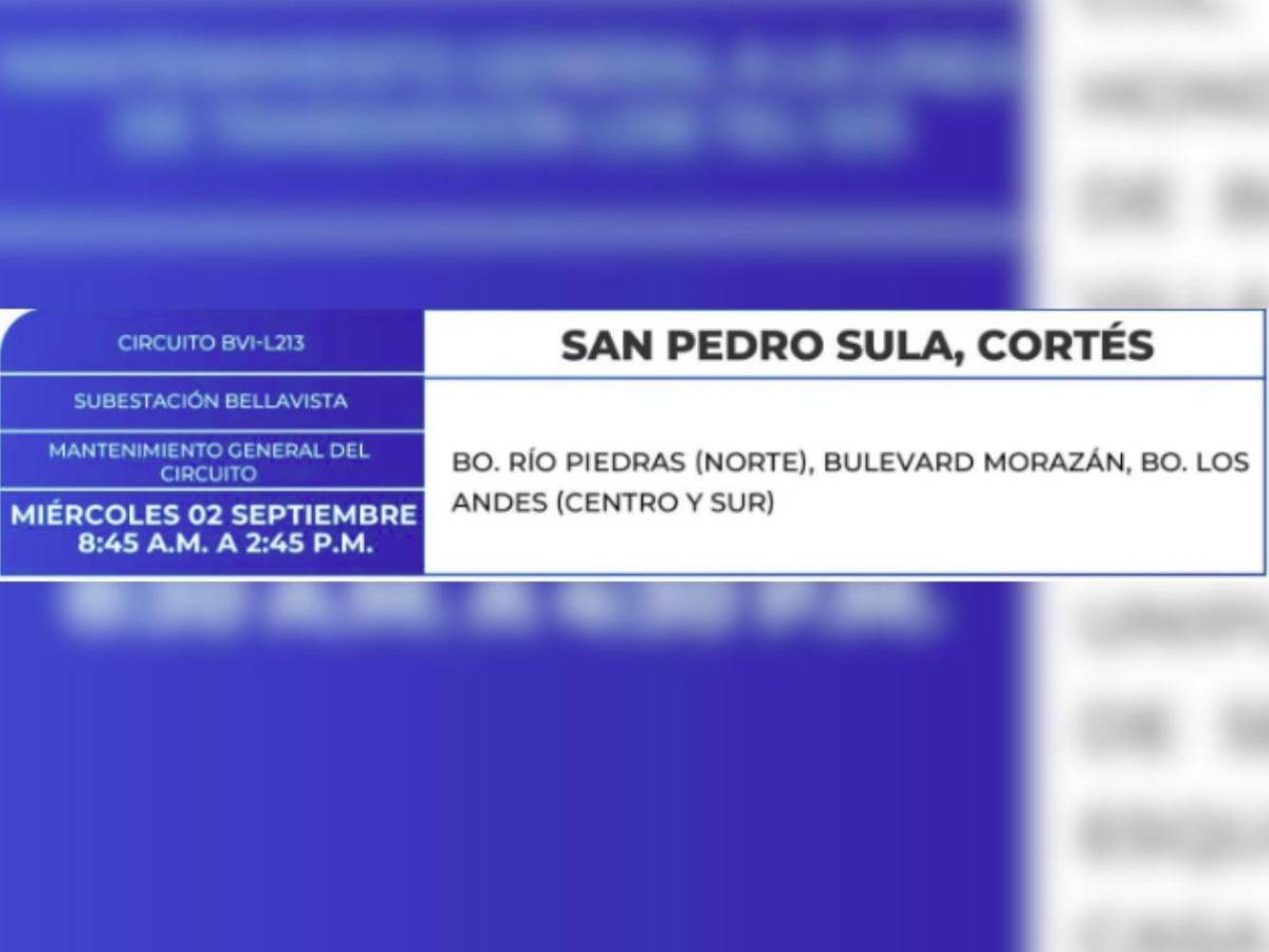 Amplios cortes de luz en estas zonas de Honduras este miércoles 2 de septiembre