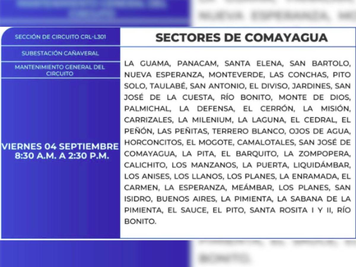 Zonas de Tegucigalpa, SPS y Comayagua que no tendrán luz este viernes 4 de septiembre