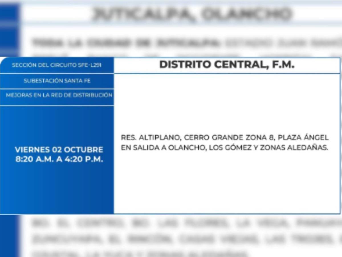 Ocho horas sin luz estarán estas zonas de Honduras este viernes 2 de octubre