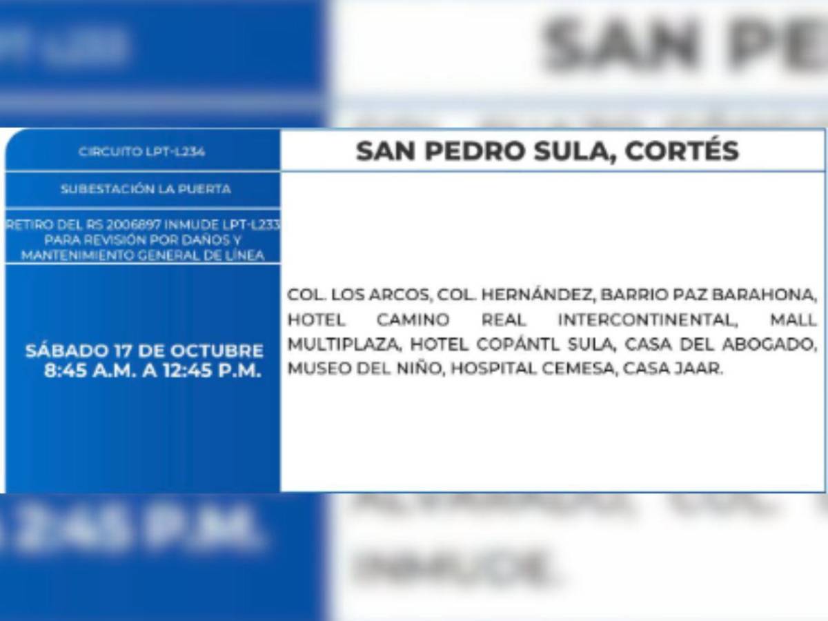 Sábado sin luz: Estas zonas de Honduras no contarán con el fluido eléctrico este 17 de octubre