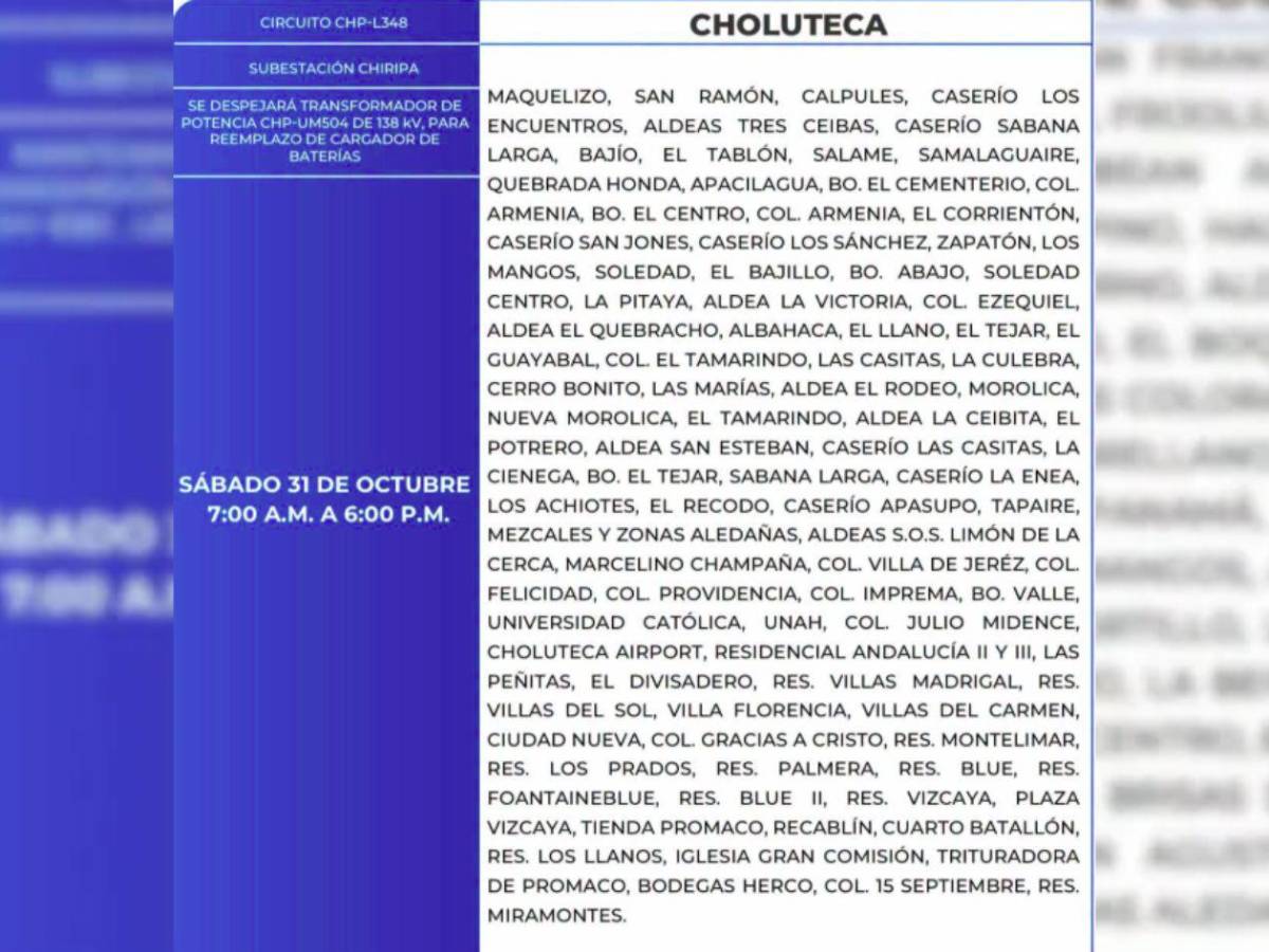 Estos sitios de Honduras no tendrán luz por 11 horas este sábado 31 de octubre