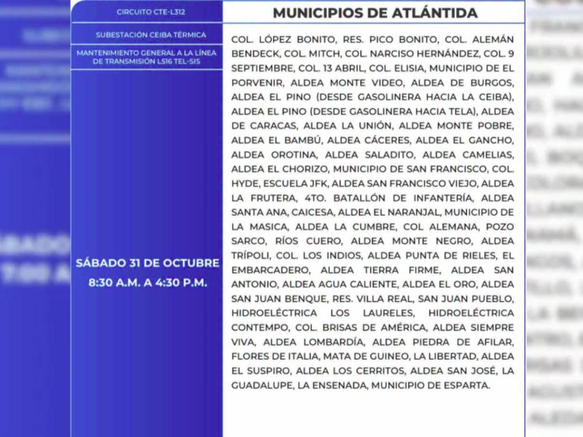 Estos sitios de Honduras no tendrán luz por 11 horas este sábado 31 de octubre