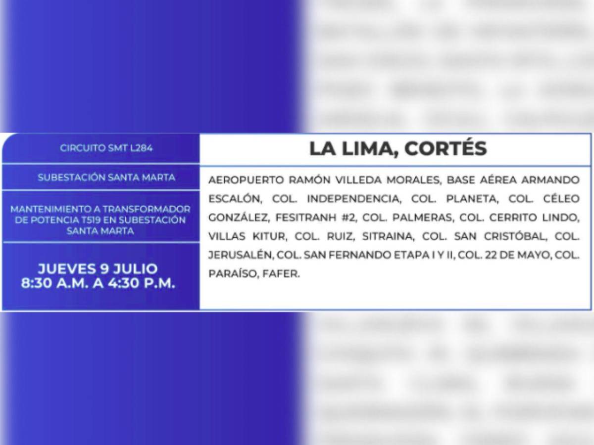 Ocho horas sin luz estarán estas zonas en Honduras este jueves 9 de julio