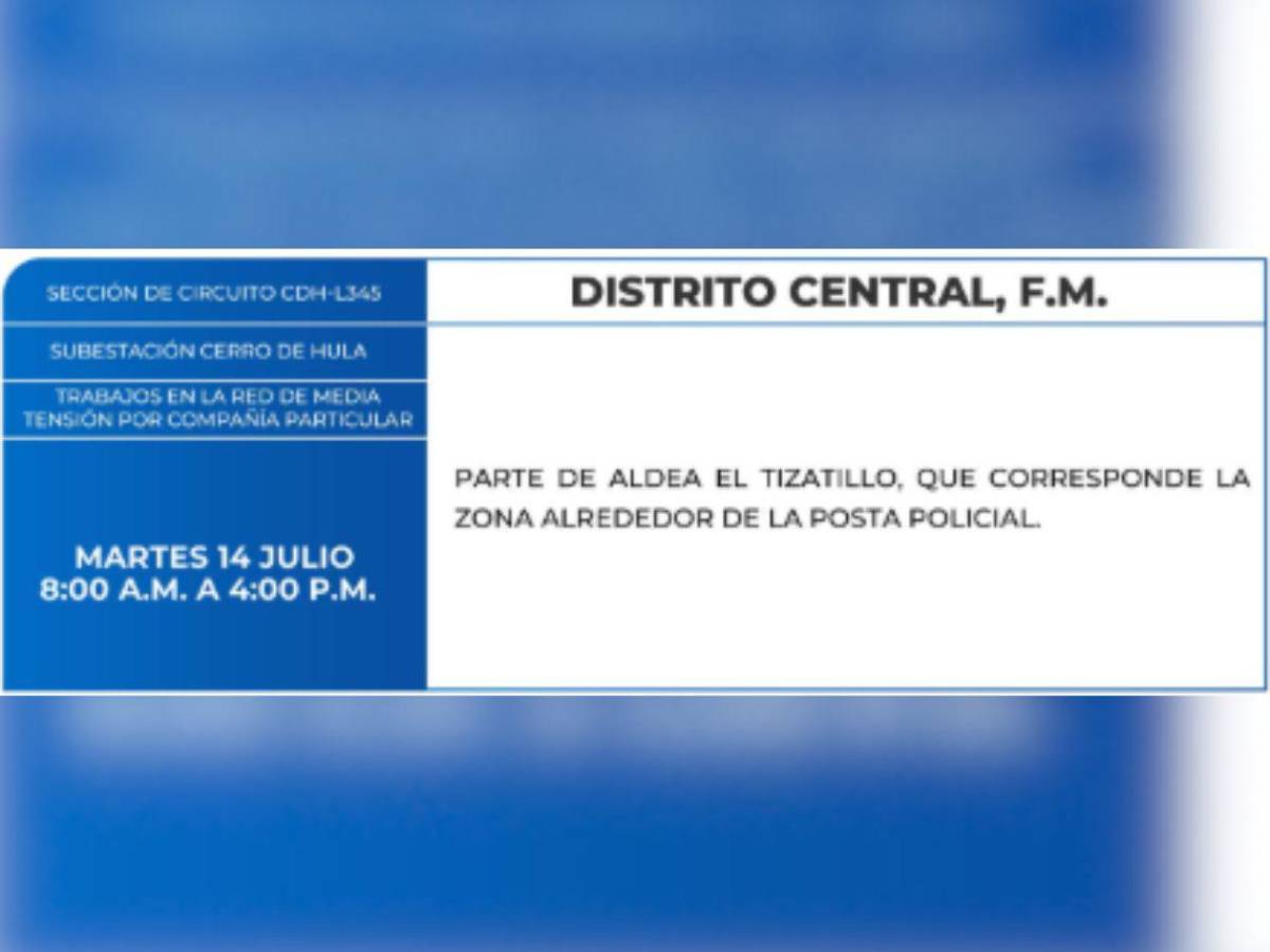 Ocho horas sin luz estarán estas zonas de Honduras este martes 14 de julio