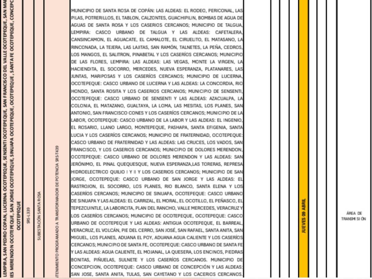 Más de 100 sectores de Honduras estarán sin luz este jueves 9 de abril