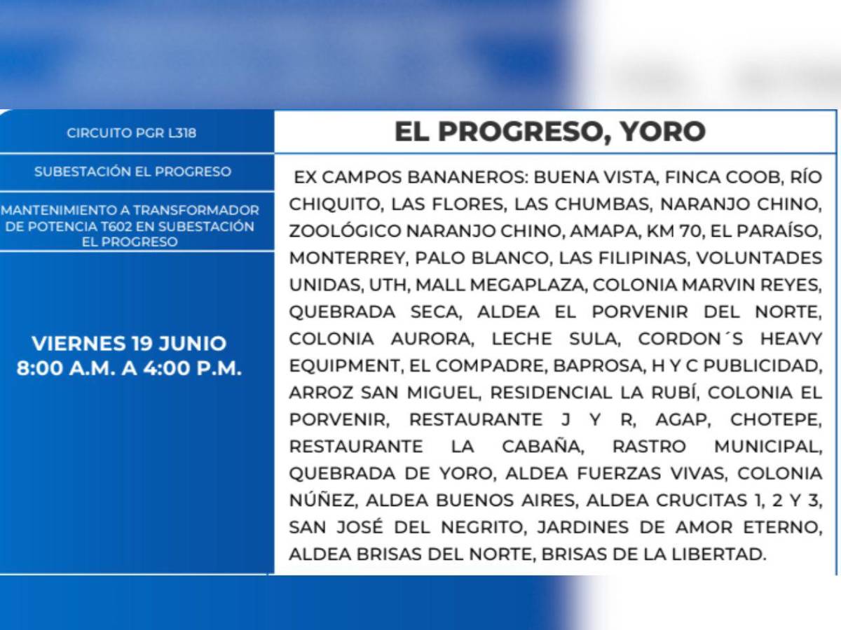 Diez horas sin luz estarán estas zonas de Honduras este viernes 19 de junio