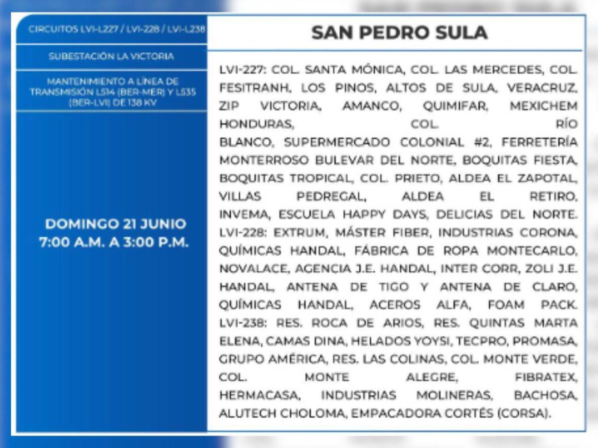 Ocho horas sin luz estarán estos sitios de San Pedro Sula este domingo 21 de junio