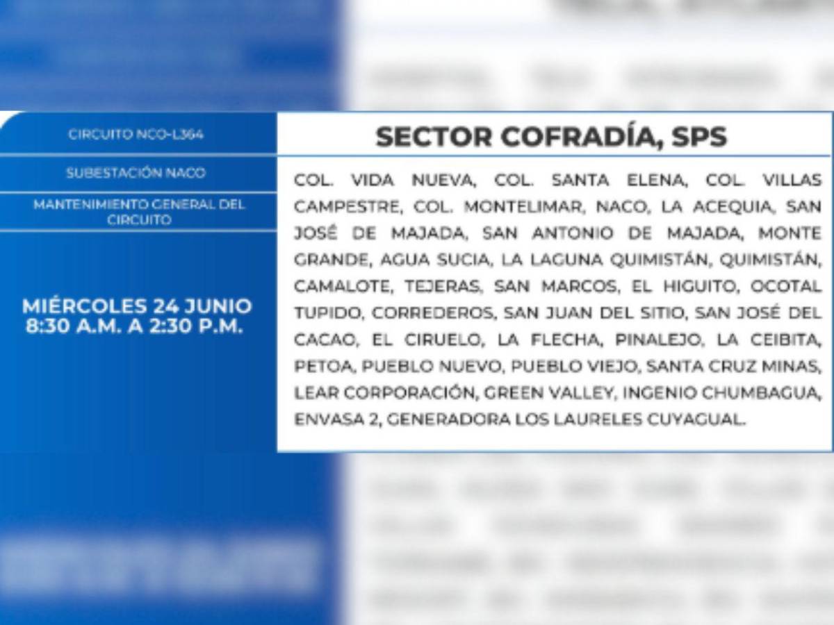 Estas zonas de Honduras no tendrán energía eléctrica este miércoles 24 de junio