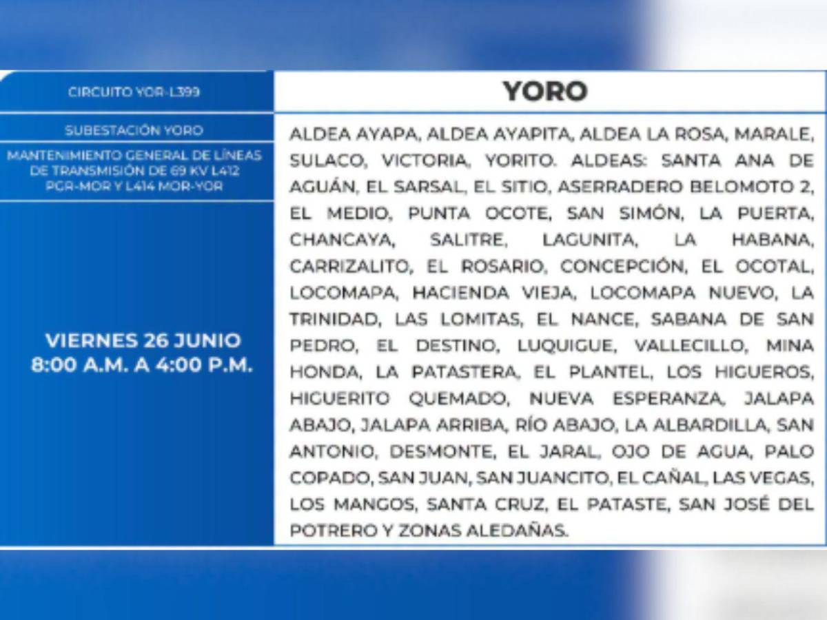 ¿Qué zonas de Honduras no tendrán luz este viernes 26 de junio?