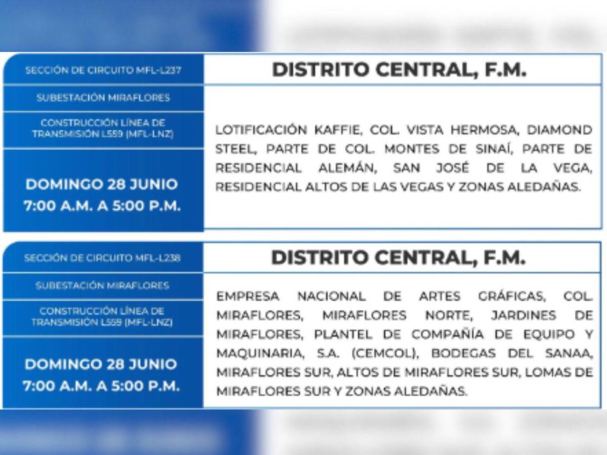 Diez horas sin luz estarán más de 30 ciudades de Honduras este domingo 28 de junio