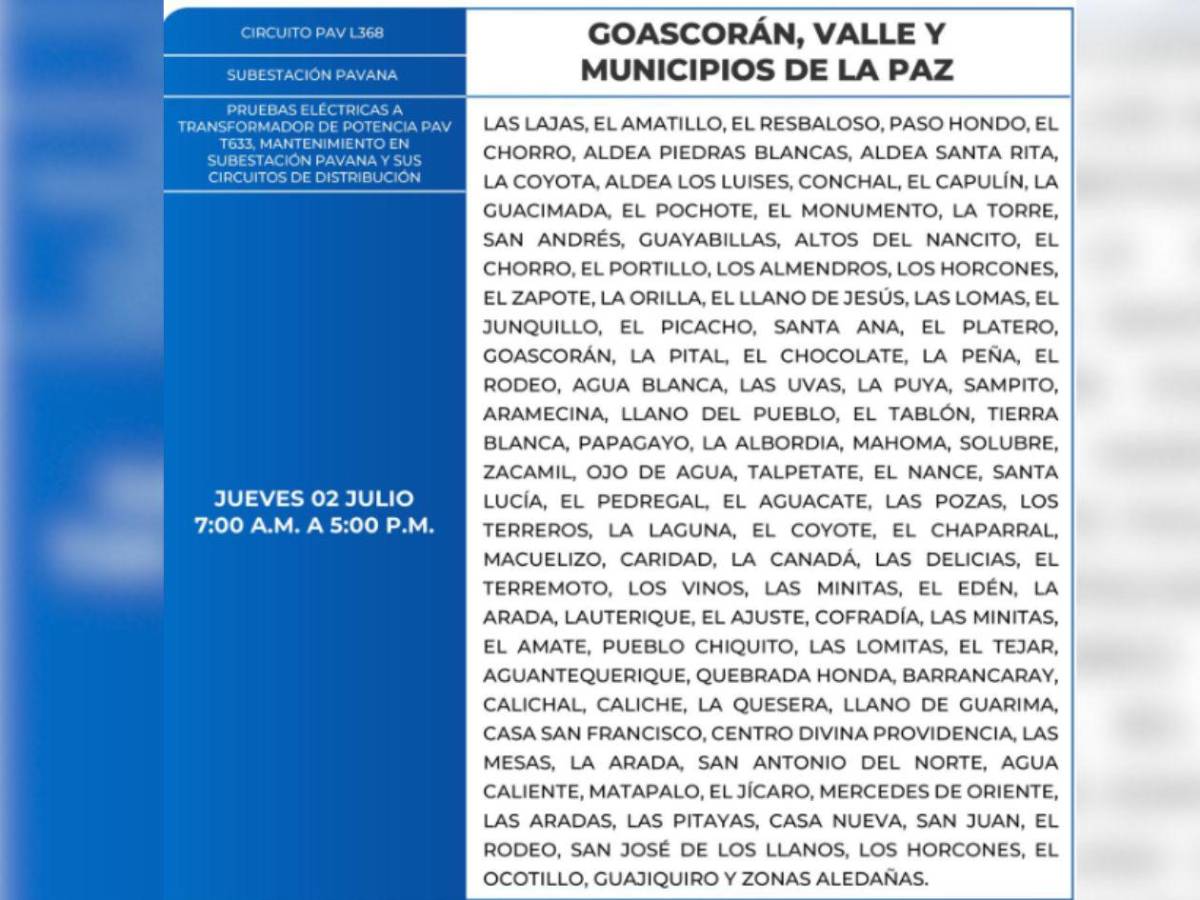 Más de 100 zonas de Honduras no tendrán luz este jueves 2 de julio