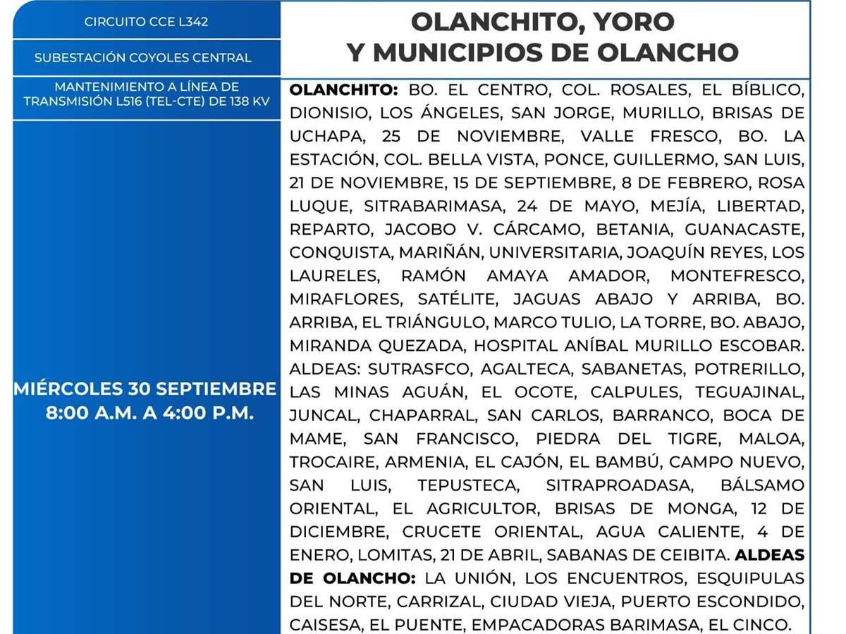 Más de 100 zonas de Honduras no tendrán luz este miércoles 30 de septiembre