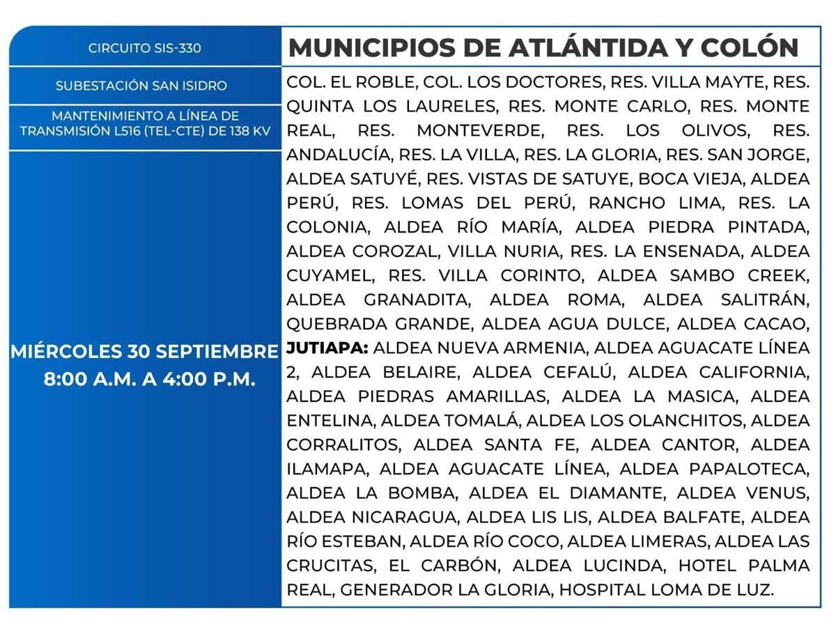 Más de 100 zonas de Honduras no tendrán luz este miércoles 30 de septiembre