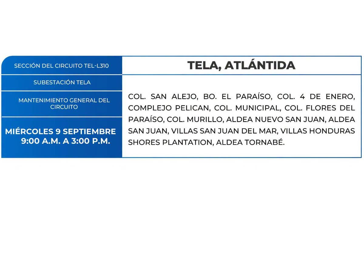 Cortes de energía de este miércoles 9 de septiembre en varias zonas de Honduras