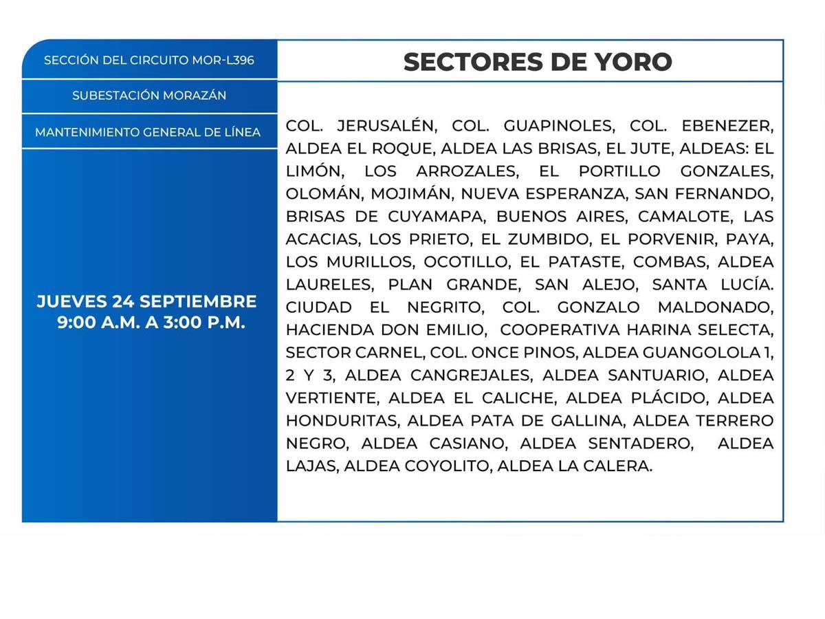 Cortes de energía de este jueves 24 de septiembre en San Pedro Sula, Yoro y Tegucigalpa