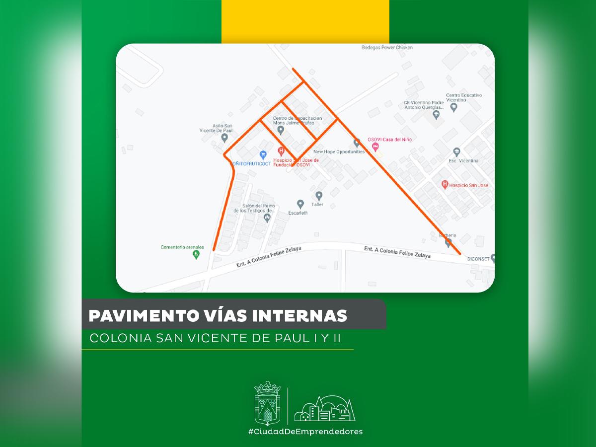 Mapa ilustrativo de la pavimentación que se realizará en las colonias San Vicente I y II, obra que produce desarrollo en el sector.