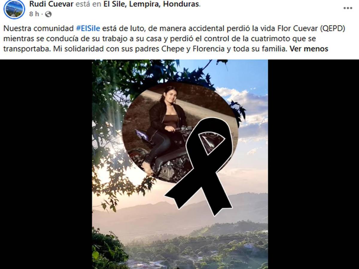Flor Cuevar muere tras volcar en su cuatrimoto cuando regresaba de su trabajo en Lempira