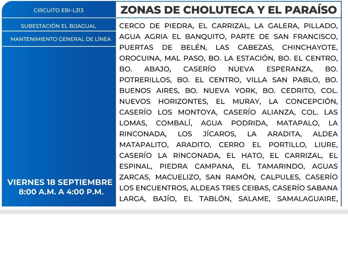 Masivos cortes de energía para este viernes 18 de septiembre en San Pedro Sula y Tegucigalpa