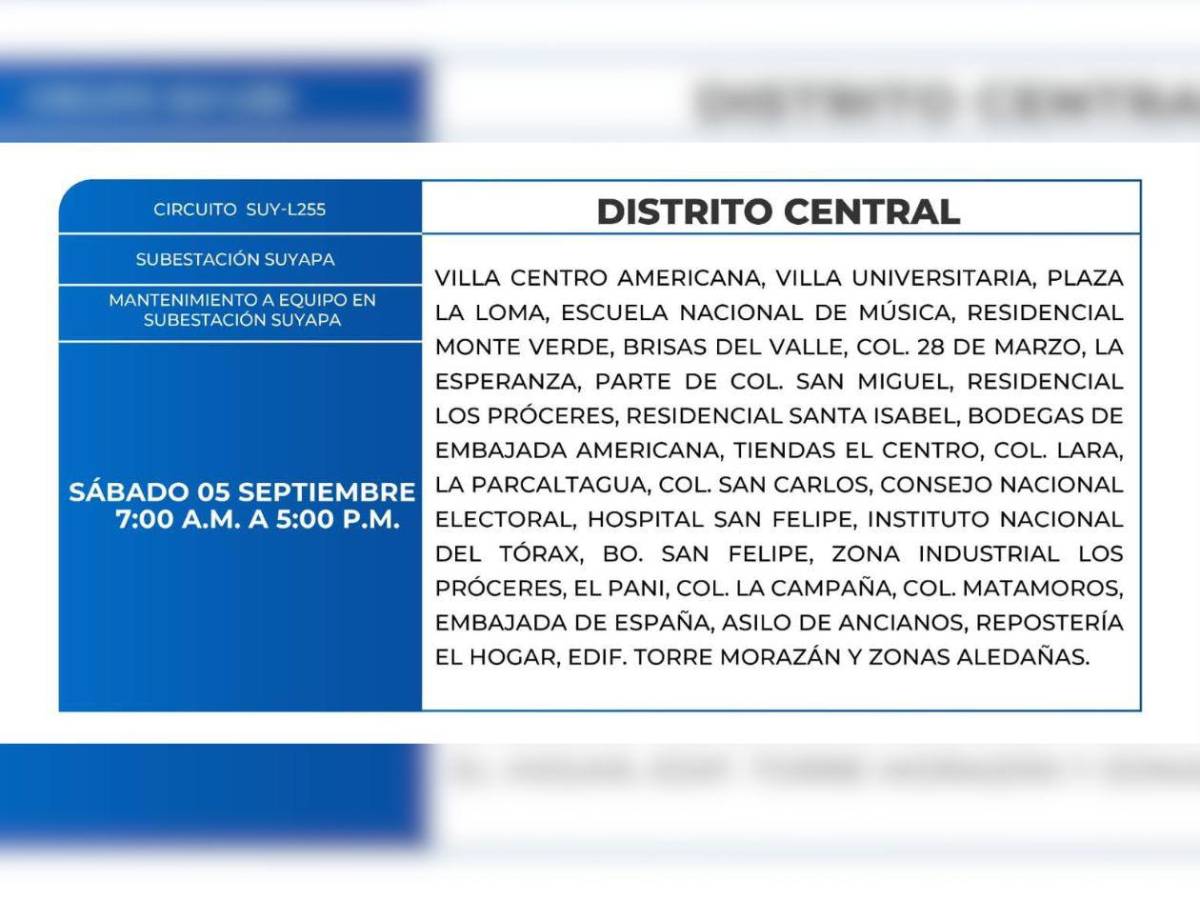 Zonas de Honduras que no tendrán energía eléctrica este sábado 5 de septiembre