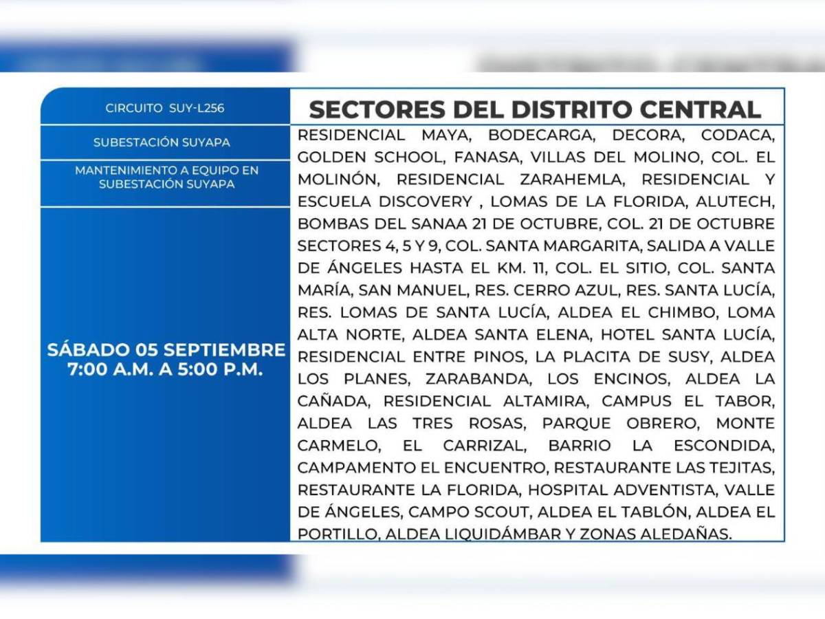 Zonas de Honduras que no tendrán energía eléctrica este sábado 5 de septiembre