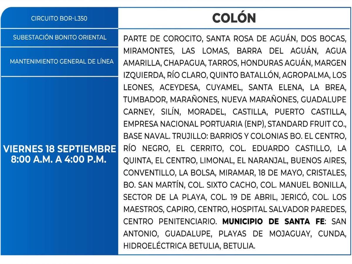 Masivos cortes de energía para este viernes 18 de septiembre en San Pedro Sula y Tegucigalpa