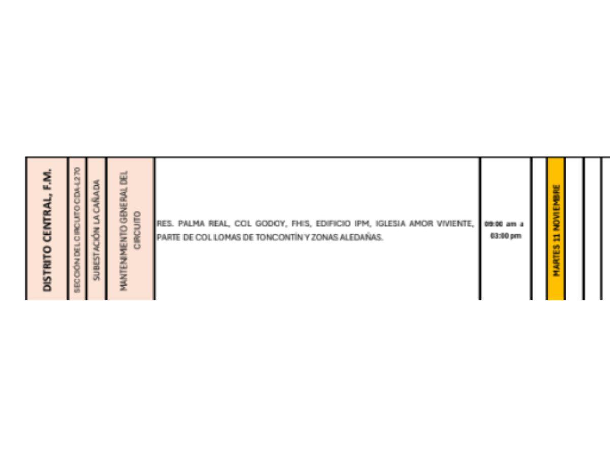 Masivos cortes de energía este martes 11 de noviembre en SPS y varios departamentos de Honduras