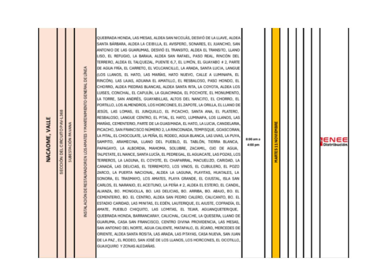 Masivos cortes de energía este martes 11 de noviembre en SPS y varios departamentos de Honduras
