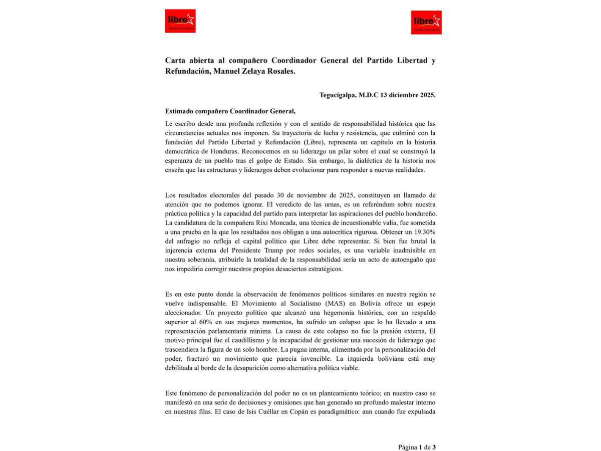 Rasel Tomé envía mensaje a Mel Zelaya tras derrota de Libre