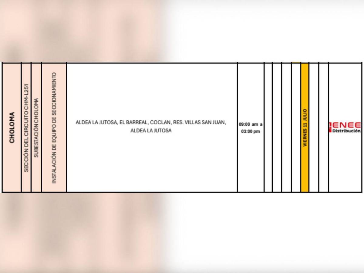 Cortes de energía en Choloma, Tegucigalpa y otras zonas de Honduras este viernes 11 de julio