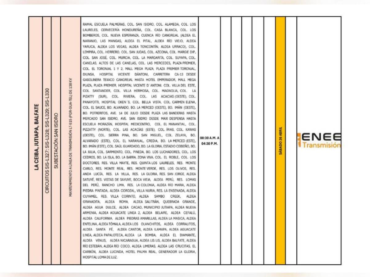 Enee anuncia masivos cortes de luz en Honduras este sábado 26 de abril