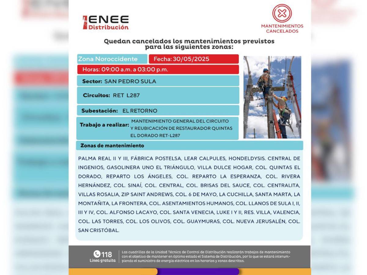 Cortes de energía en estas zonas de Honduras este viernes 30 de mayo