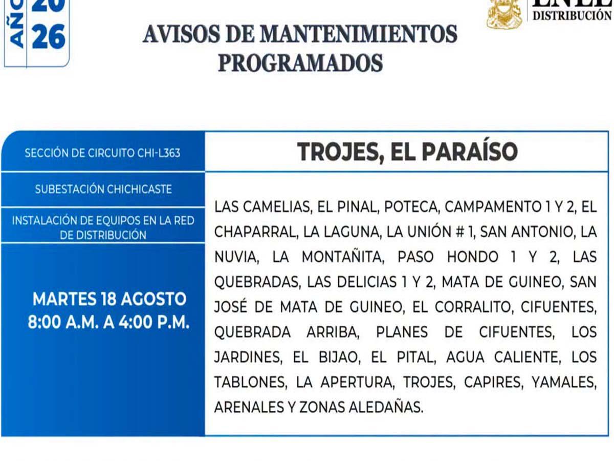 Cortes de energía este martes 18 de agosto: El Paraíso, Lempira, Santa Bárbara, Cortés e Intibucá