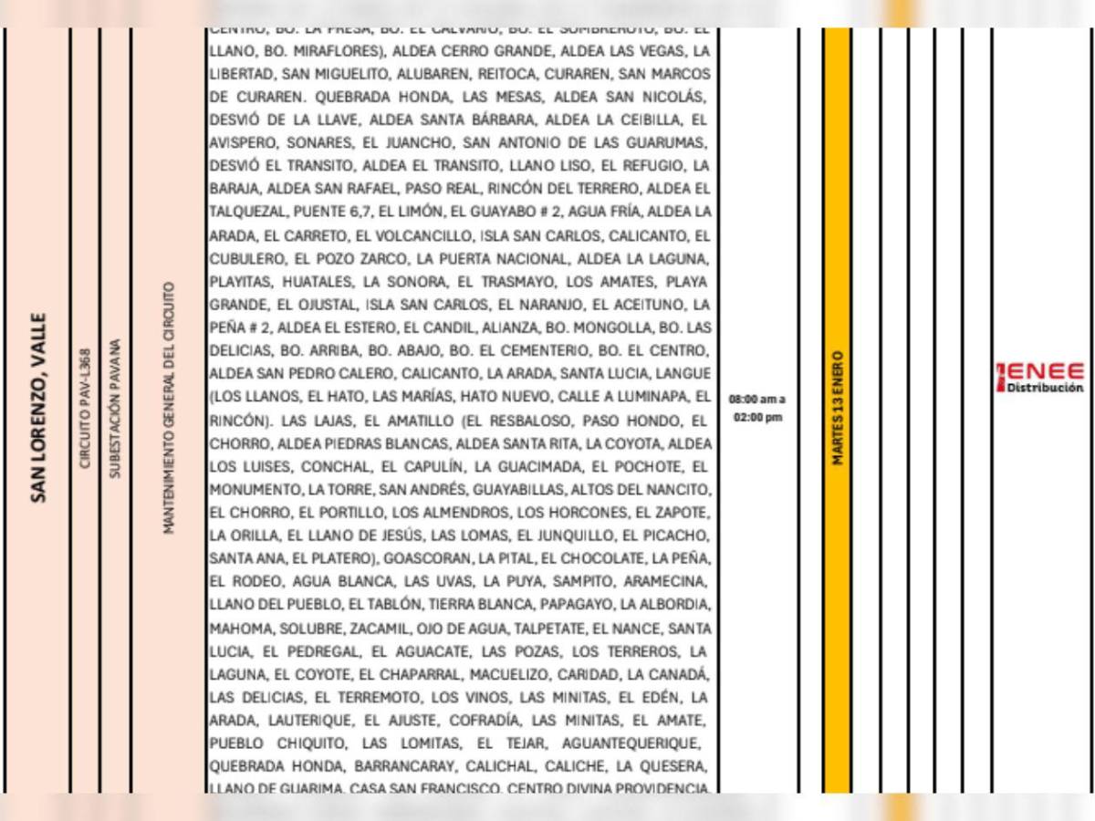 Estas zonas de Honduras no tendrán luz este martes 13 de enero