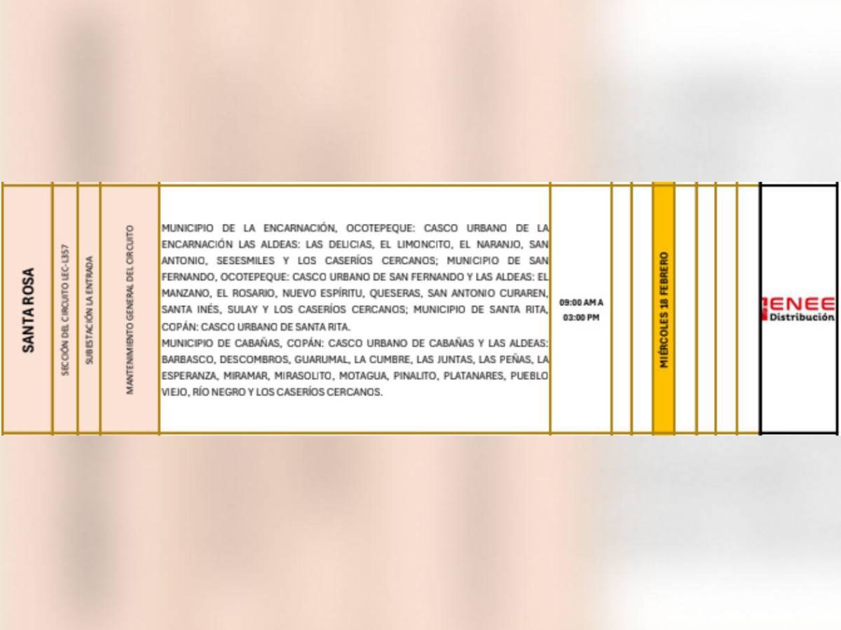 Estas zonas de Honduras no tendrán energía eléctrica este miércoles 18 de febrero