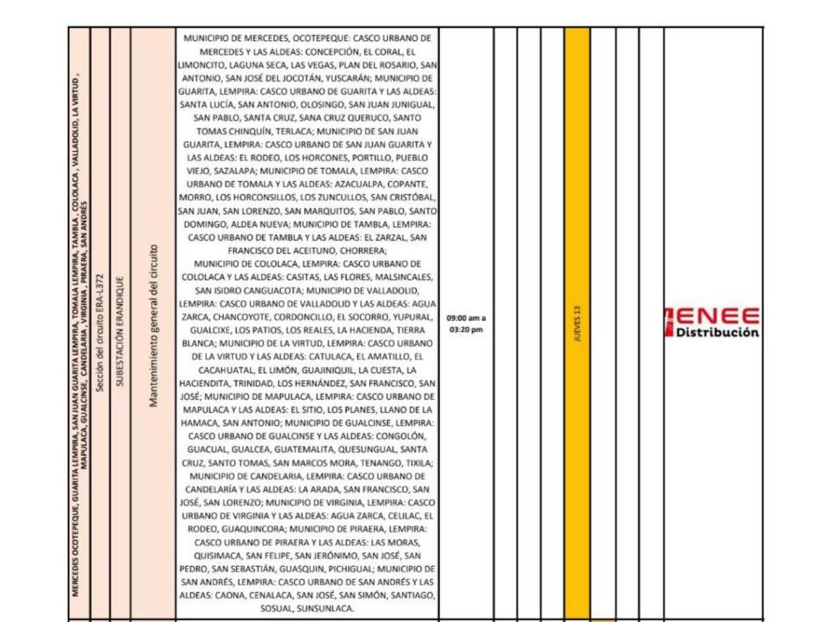 Sin luz en 14 municipios de Honduras este jueves 13 de marzo