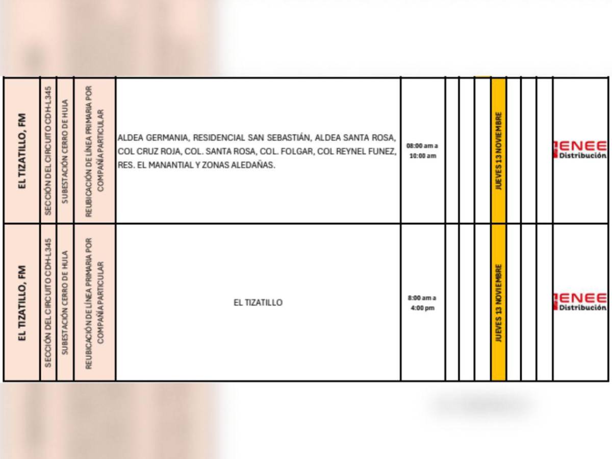 Enee anuncia cortes eléctricos en estas zonas de Honduras para este jueves 13 de noviembre