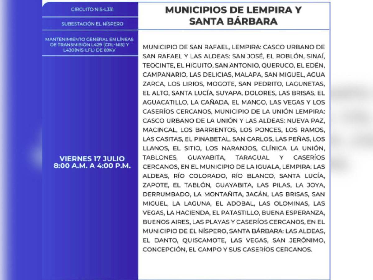 Amplios cortes de energía en estas zonas de Honduras este viernes 17 de julio