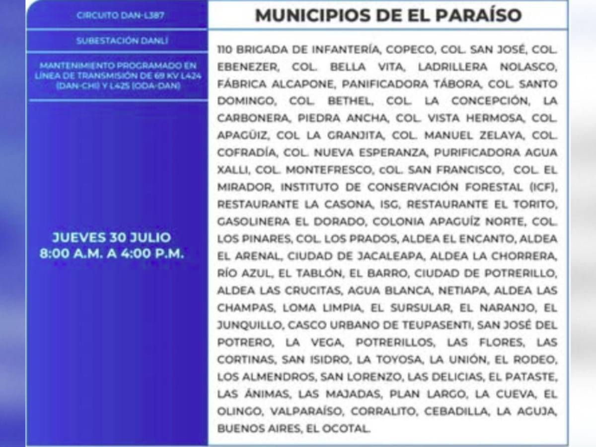 Más de 100 zonas de Honduras no tendrán energía este jueves 30 de julio