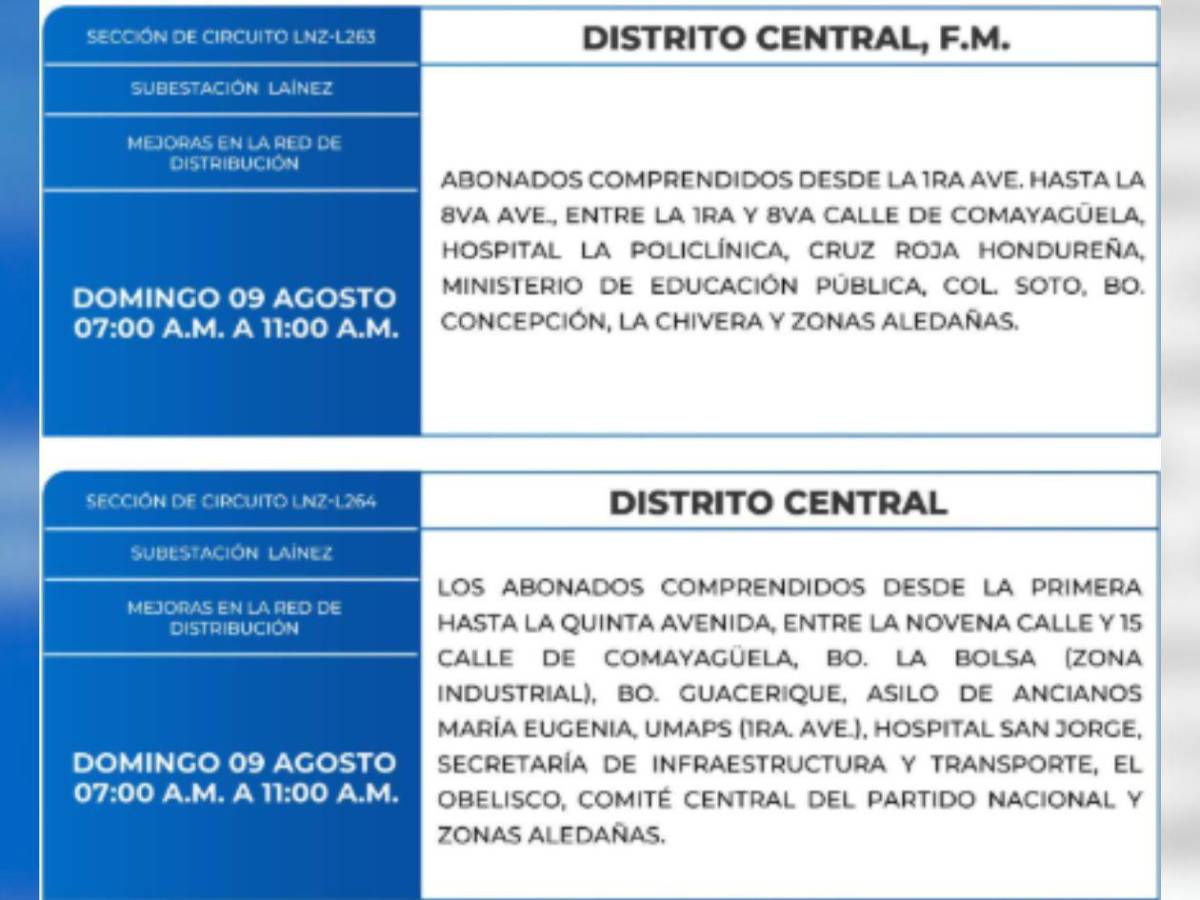 Nueve horas sin luz estarán estas zonas de Honduras este domingo 9 de agosto