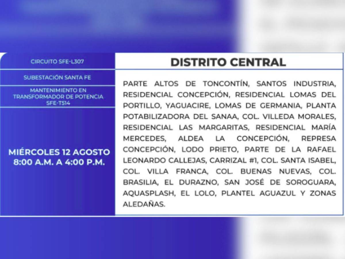 Más de 50 zonas de Honduras no tendrán luz por ocho horas este miércoles 12 de agosto