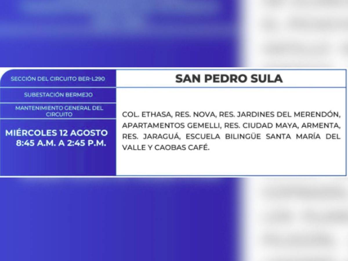 Más de 50 zonas de Honduras no tendrán luz por ocho horas este miércoles 12 de agosto