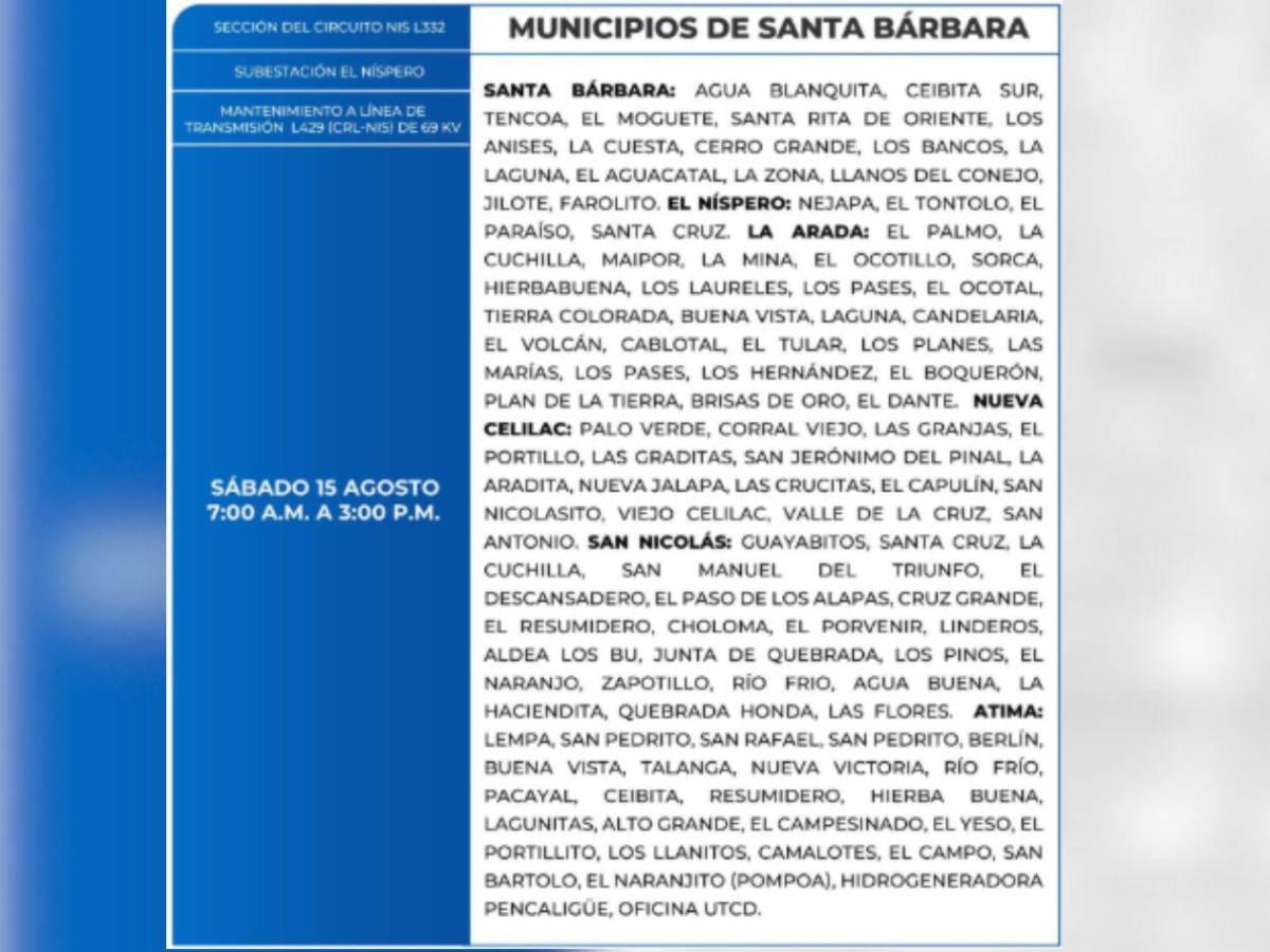 Varios municipios de Honduras estarán sin luz por ocho horas este sábado 15 de agosto