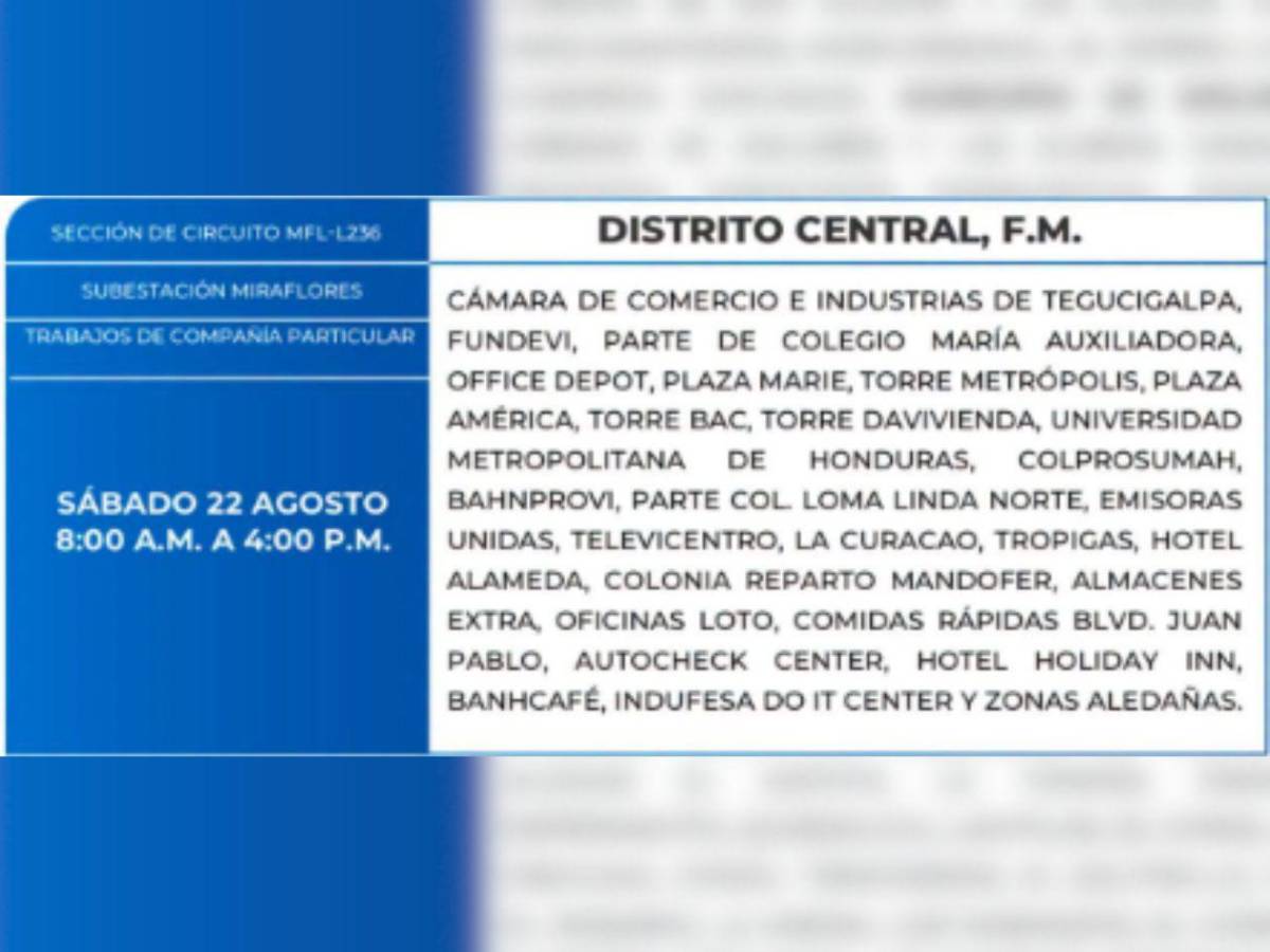 Ocho horas sin luz estarán estos barrios y colonias de Honduras este sábado 22 de agosto